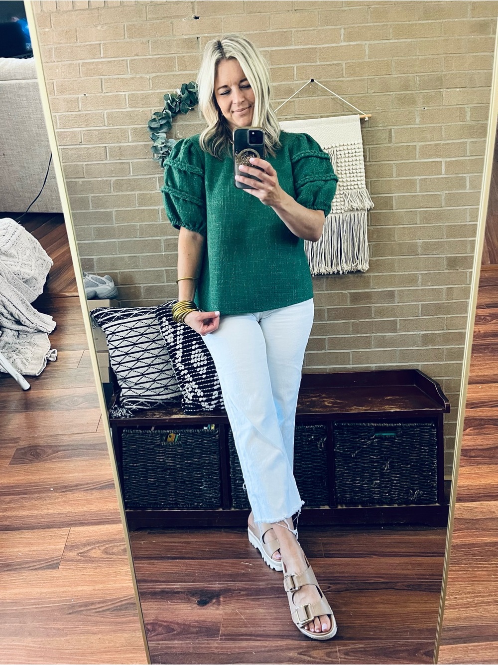 Textured Emerald Puff Sleeve Blouse - Women